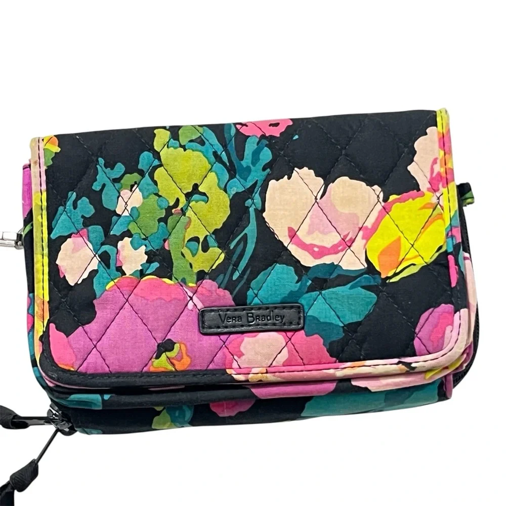 Vera Bradley Floral Wallet Wristlet Black Multicolor Quilted Zip Clutch